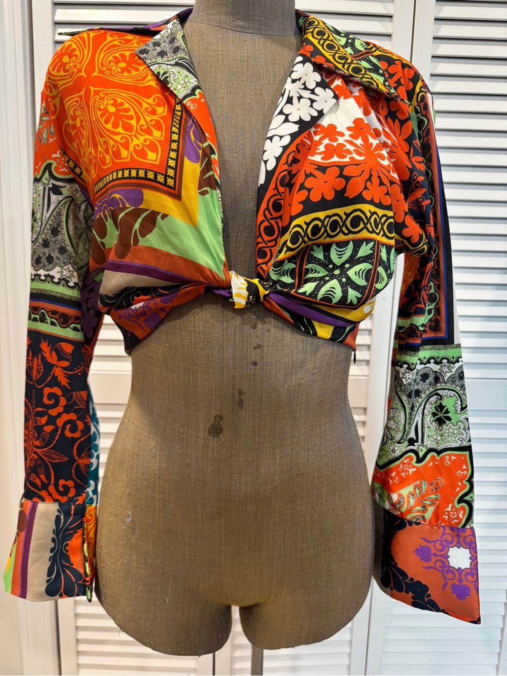Zara Multicolor Printed Knot-Front Button Down Shirt
